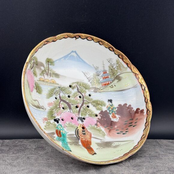 Nippon Japanese Berry Bowl Hand Painted Gilt Ladies Garden Fuji w/ Holes VTG 7" - Picture 4 of 14